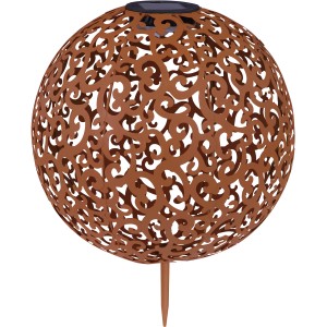 Rostfarbene Globo LED Solar-Kugel Außenleuchte mit Dekogeflecht, 40 cm. Dekorative Gartenbeleuchtung.