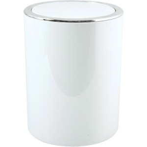 Weißer Kosmetikeimer (6 l) mit Schwingdeckel und silberfarbenem Rand.