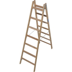 Krause Holz-Sprossen-Doppelleiter, 2x7 Stufen, beidseitig begehbar, mit Ketten als Spreizsicherung.