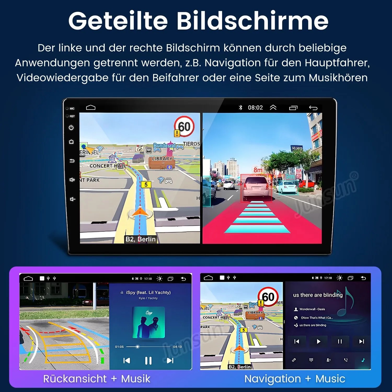 Junsun 9 Zoll Autoradio mit geteiltem Bildschirm: Navigation, Rückfahrkamera und Musik gleichzeitig. Für Ford Focus 2 Autoelektrik.