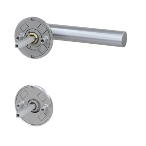 Moderne Edelstahl Rosetten-Garnitur mit L-förmigem Türdrücker und separater Rosettenbasis für WC-Türen.