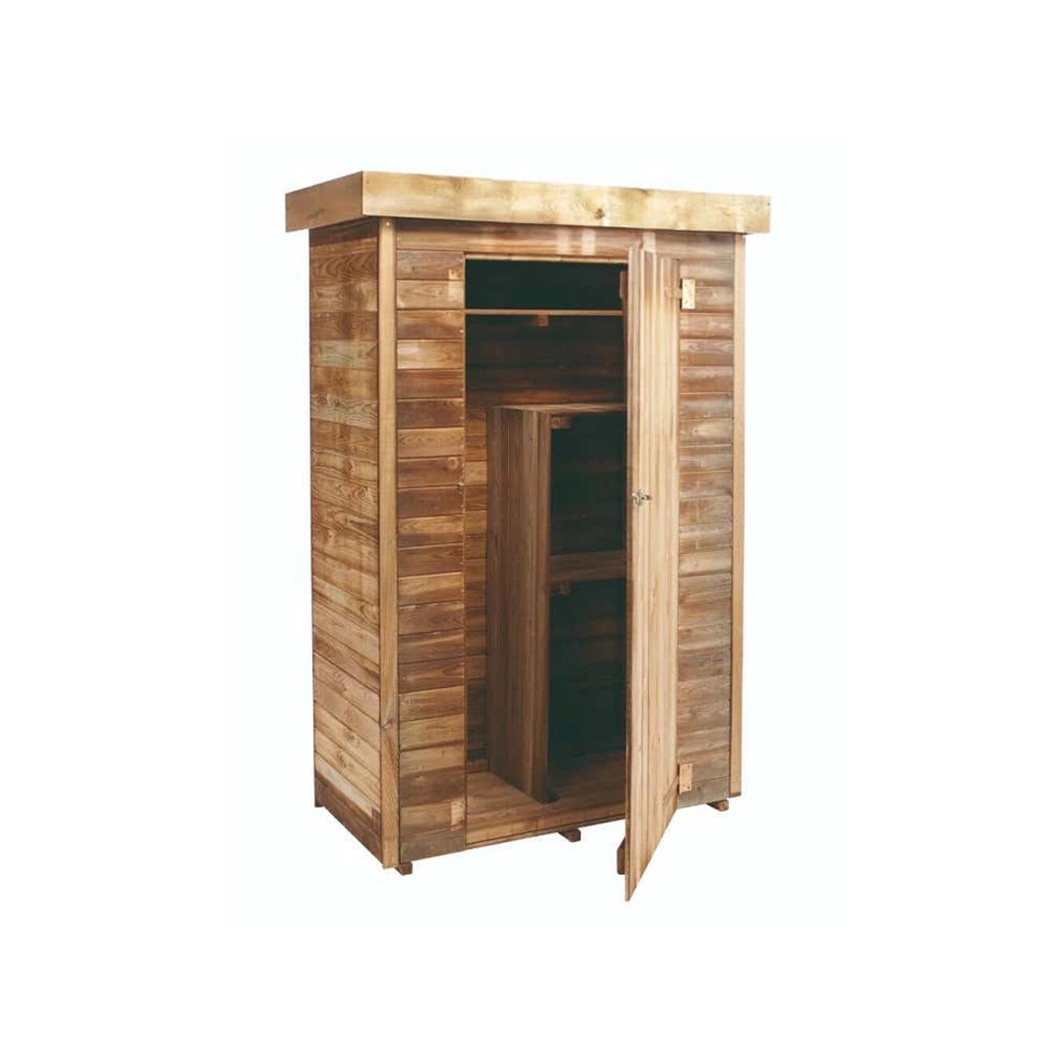 Alpholz Gartenschrank Theodor aus Kiefernholz mit Regalen und geöffneter Tür.