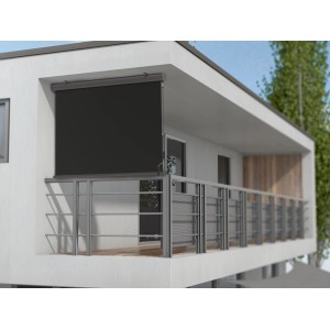 Anthrazitfarbene Vertikalmarkise Loverna 1,4x2m mit Kassette am Balkon.