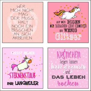Memo-Art Magnete, 4er Set mit Einhorn- und Spruchmotiven für Pinnwände.