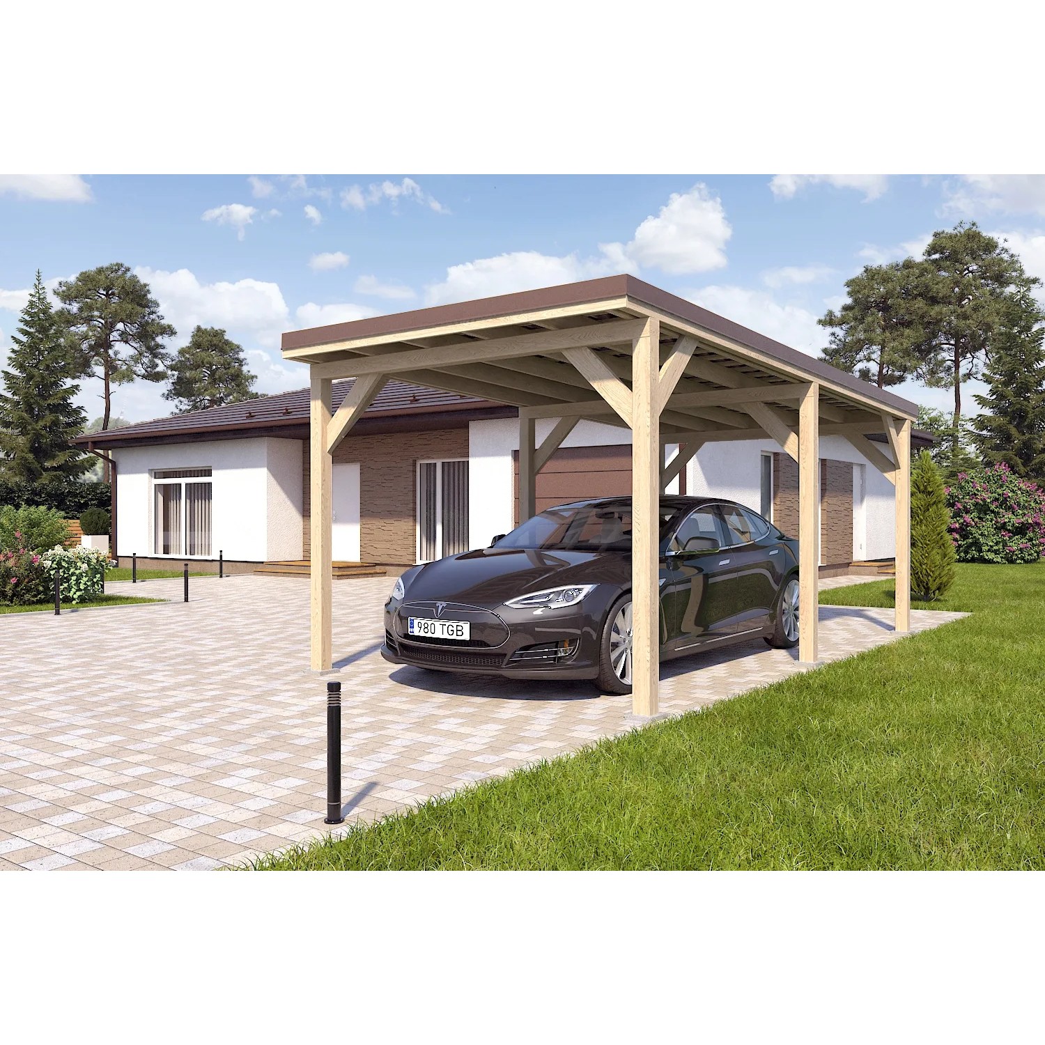 Holzbrüder Einzelcarport Ralf Natur mit dunklem Blechdach und Auto.