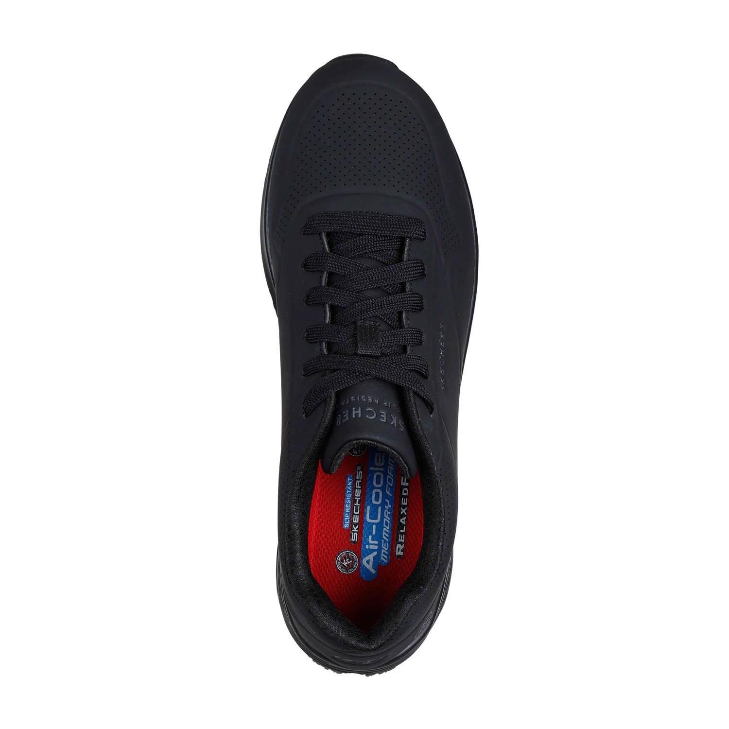 Schwarzer Skechers Herren Arbeitsschuh Sutal Uno SR, Draufsicht. Mit Schnürung, perforiertem Obermaterial und Memory Foam Einlegesohle.
