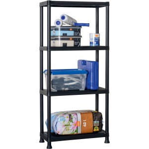 Schwarzes OBI Kunststoffregal XS-60 mit vier Böden, ideal für Keller, Garage oder Vorratsraum.