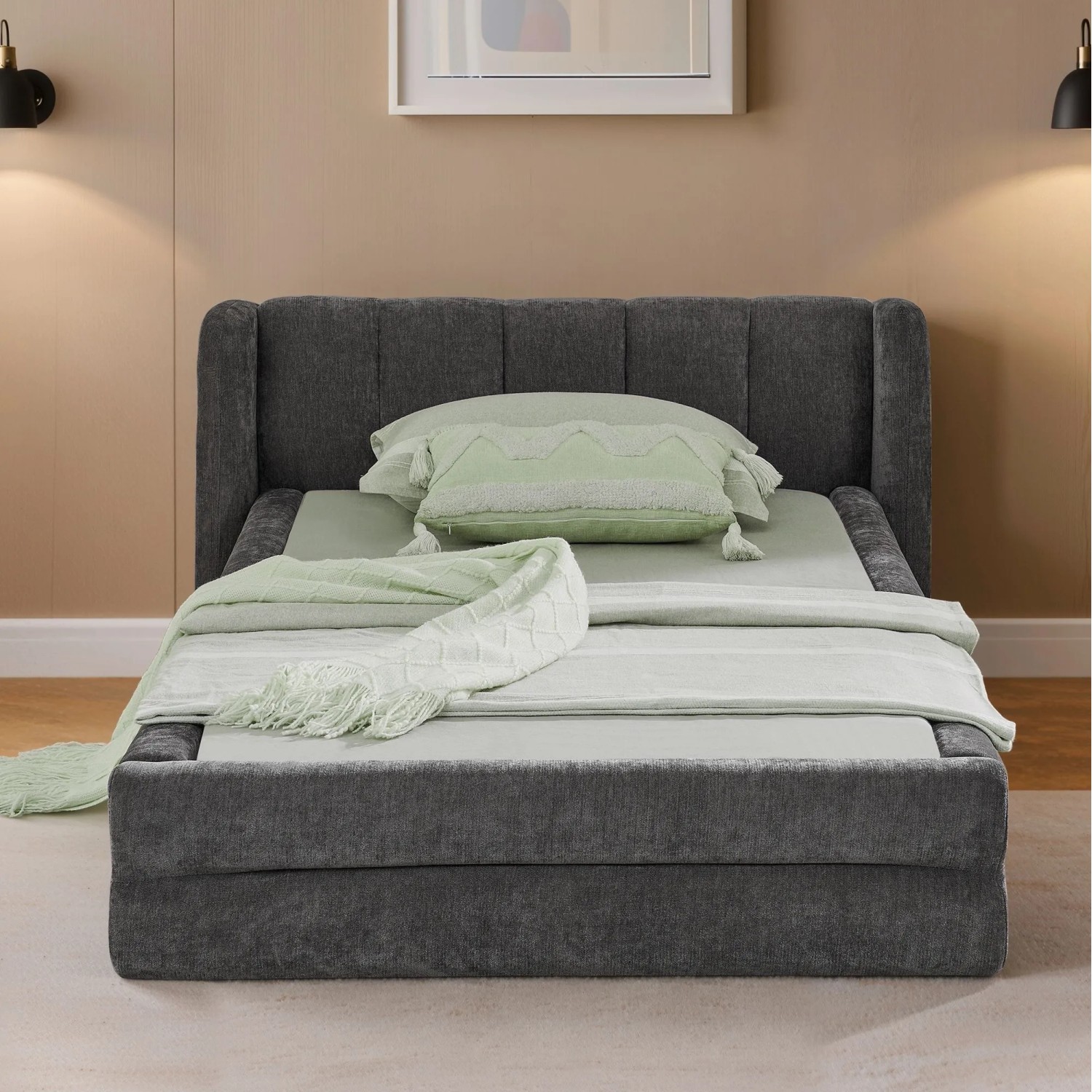 okwish Einzelbett 90x200cm mit Rückenlehne Chenille Kinderzimmer Grau ohne Matratze_3