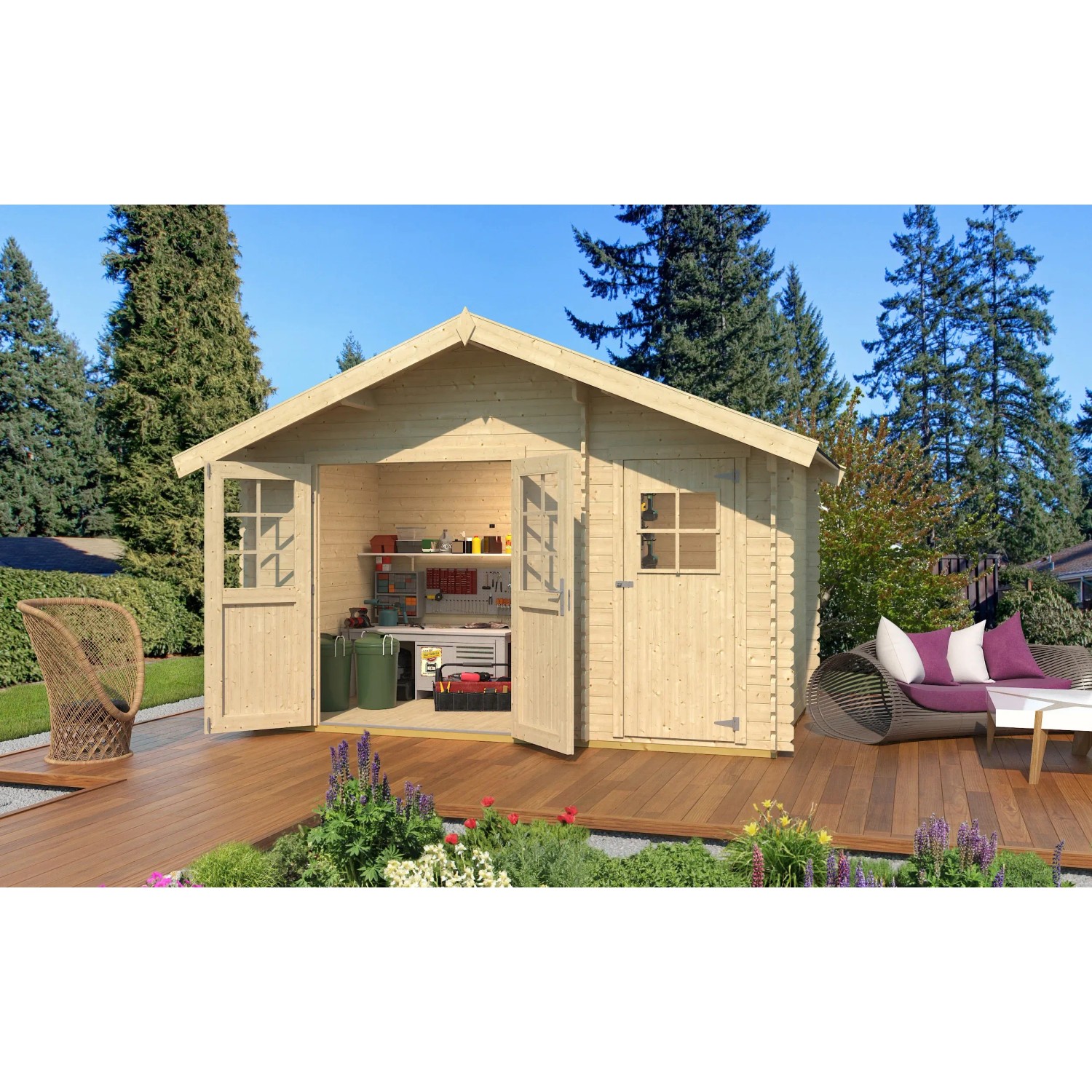 Weka Holz-Gartenhaus Brixen mit Satteldach, naturbelassen, mit geöffneten Türen und Werkbank im Inneren.