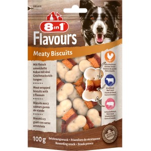 8in1 Meaty Biscuits Flavours, Hundesnack mit Hähnchen, Rind und Schwein, 100g Packung.