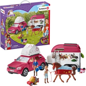 Schleich Horse Club Spielset: Auto mit Pferdeanhänger, Figuren und Zubehör für Kinder von 5-12 Jahren.