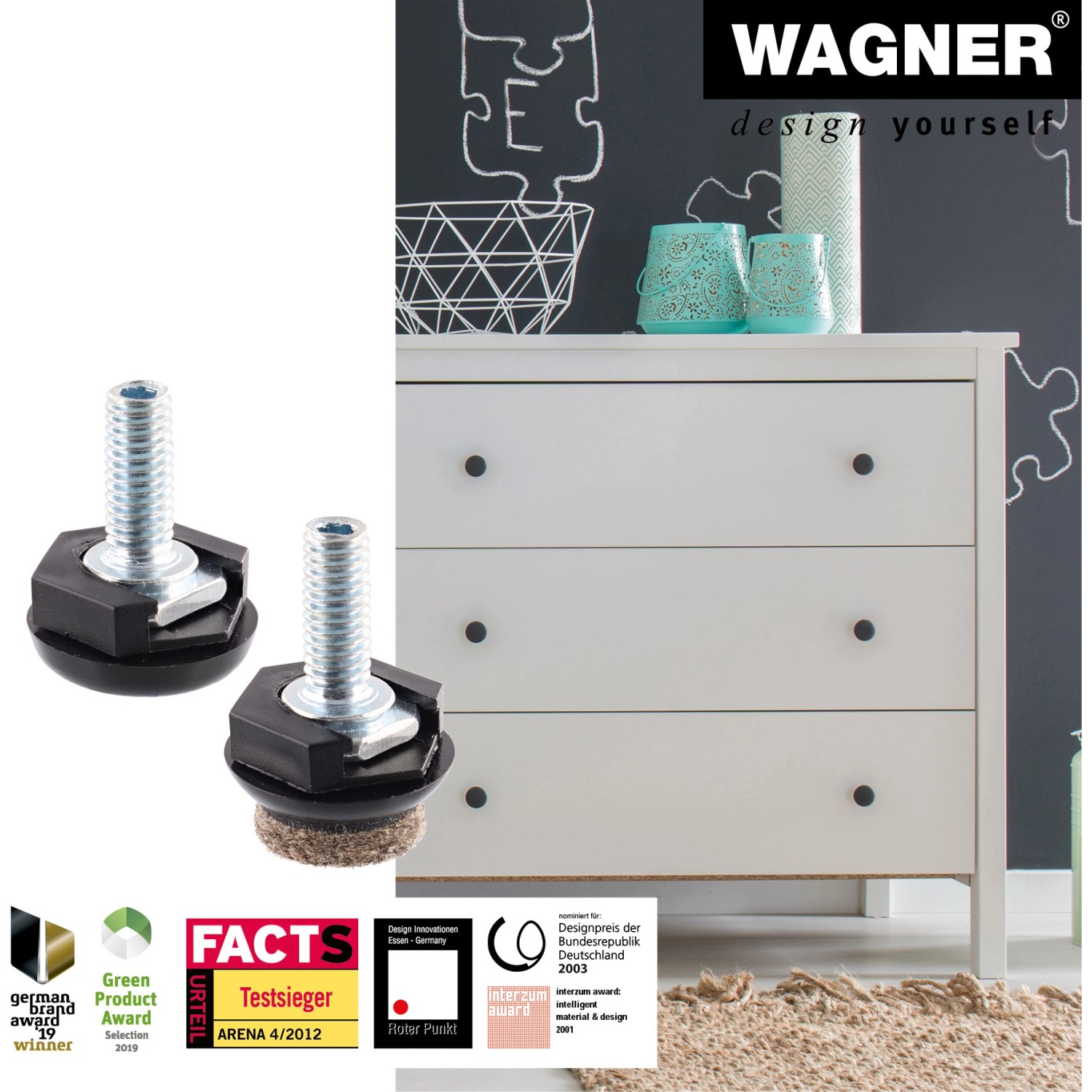 Wagner Verstellfüße Justus Slim QuickClick, 4er Set Möbelbeine mit Gleiteinsätzen vor Kommode.