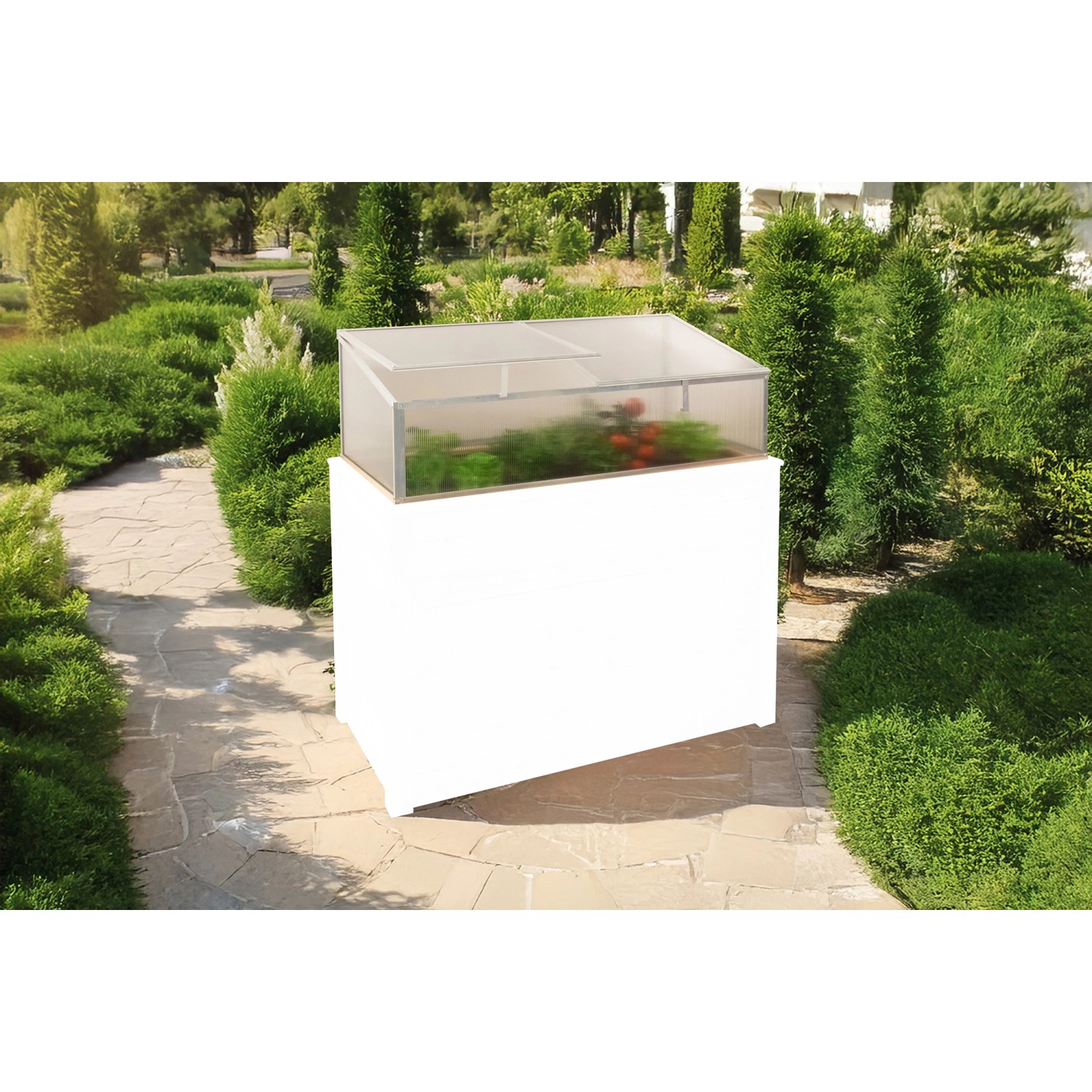 Westmann Frühbeetaufsatz Genus 100 auf Hochbeet im Garten.