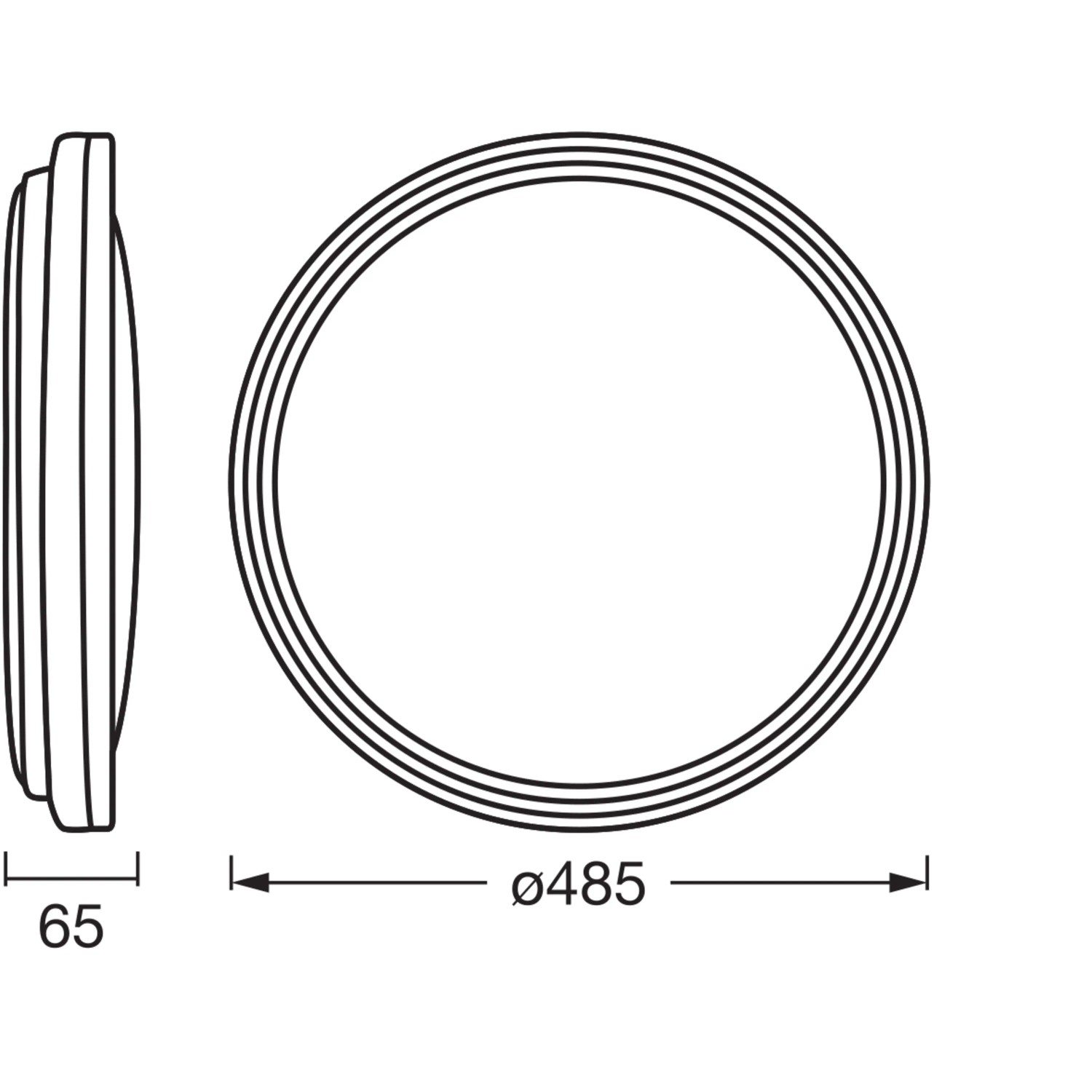 Ledvance LED-Deckenleuchte Orbis Helman, silber, Ø 48,5 cm, Seitenansicht und Draufsicht mit Maßen.