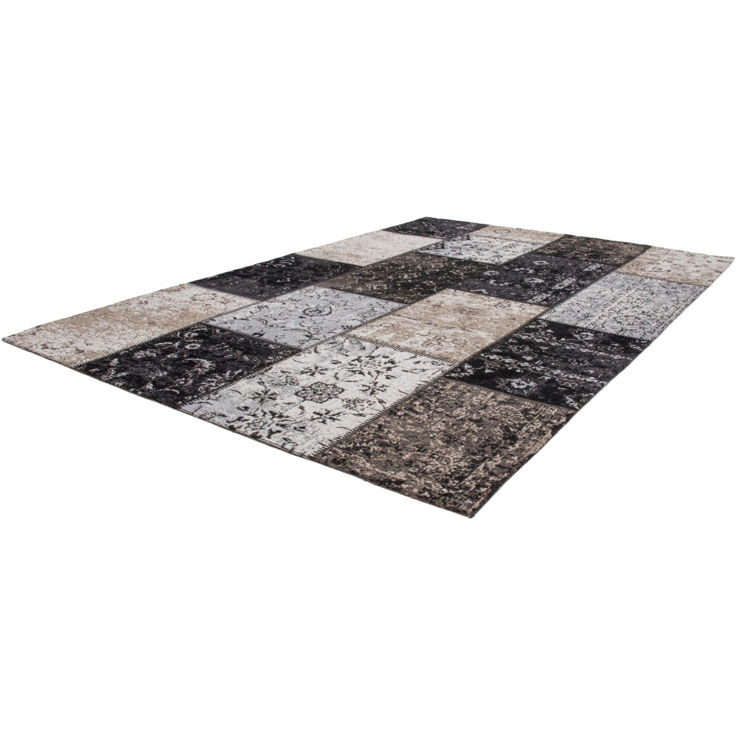 Vintage Teppich Vecchia 1110 Silber, 160x230 cm, mit Patchwork-Design in Schwarz, Grau und Beige.