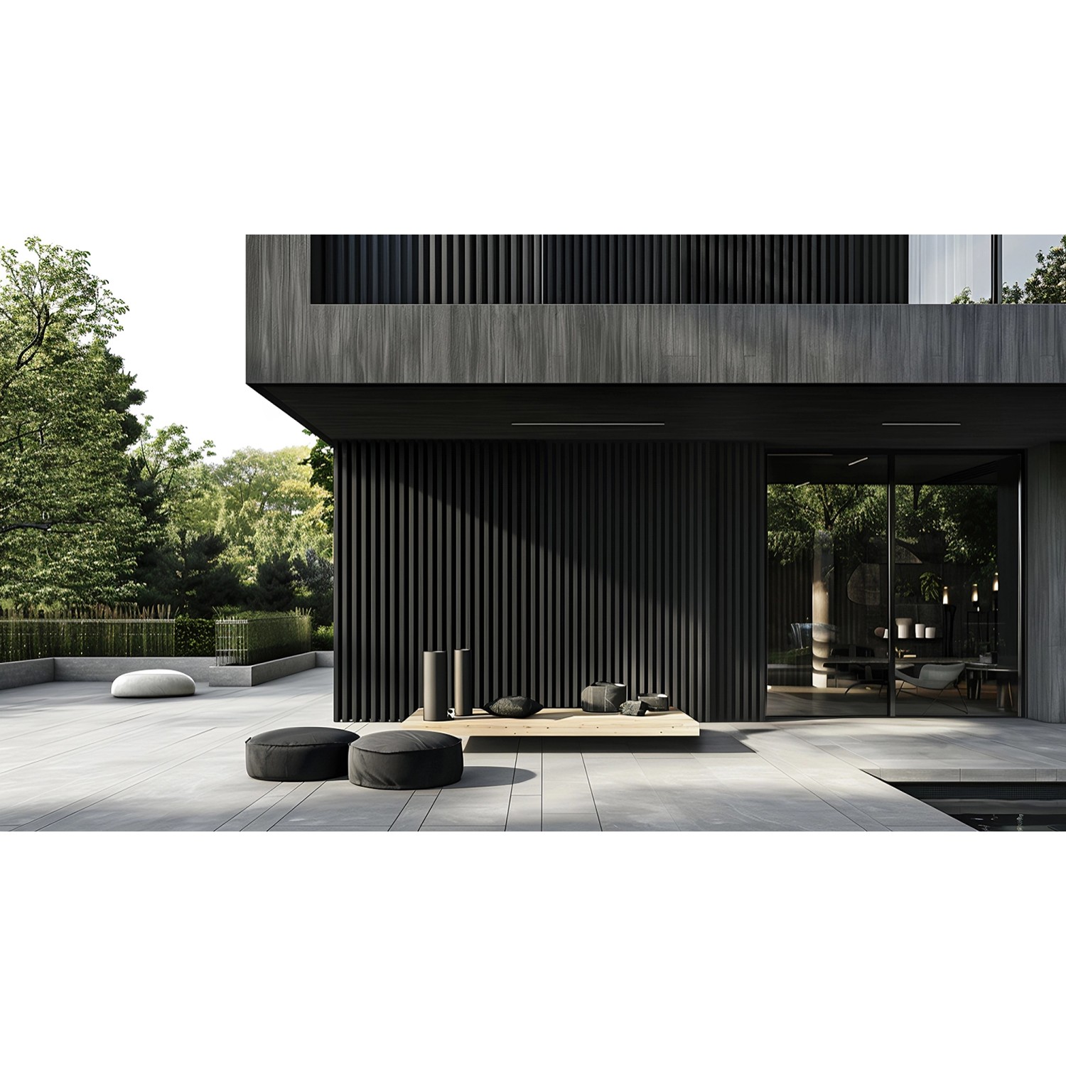 Moderne Hausfassade mit anthrazitfarbener WPC Fassadenverkleidung DUVAR im Außenbereich.