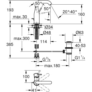 Technische Zeichnung: Grohe Essence Waschtischarmatur, Maße und Details zur Installation.