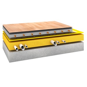 Schichtaufbau mit Cemix Isofloor Dämmschüttung, Estrich, Dämmung und Bodenbelag.