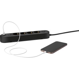 Schwarze 4-fach Steckdosenleiste mit USB-Anschlüssen und Ein/Aus-Schalter, Handyladung.