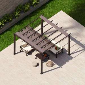 Moderner Pavillon Pergola Gazebo Florida Cocoa mit Sonnensegel und Sitzgruppe im Garten.