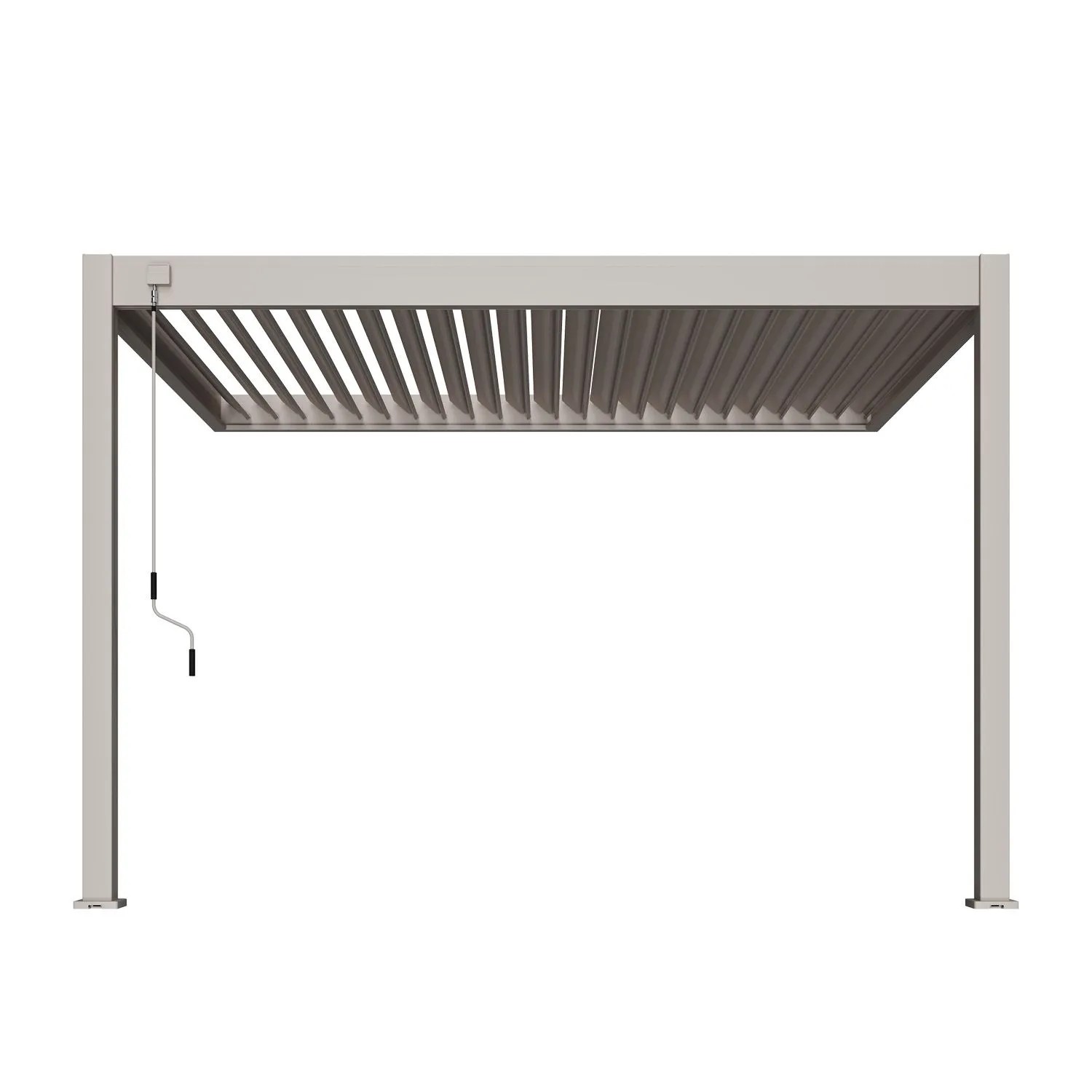 Sandfarbener Weide Deluxe Aluminium Wand Pavillon 3x3,6m mit verstellbarem Lamellendach und Kurbel.