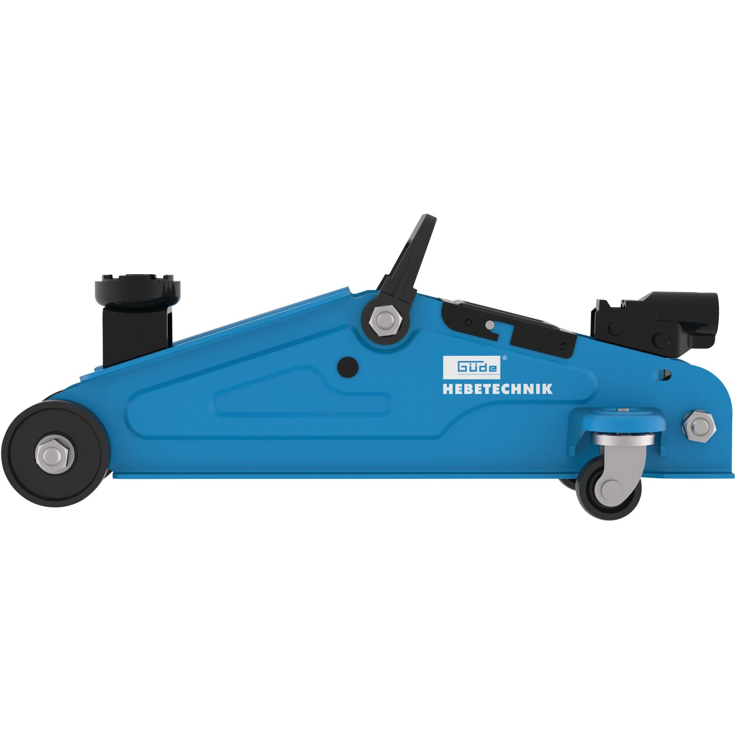 Blauer Güde Rangierwagenheber GRH 2/330L mit Rollen und Hebel für Werkstatt und Garage.