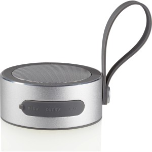 LED-Tischleuchte mit Bluetooth-Lautsprecher, silberfarben, mit Tragegriff und Anschlüssen.