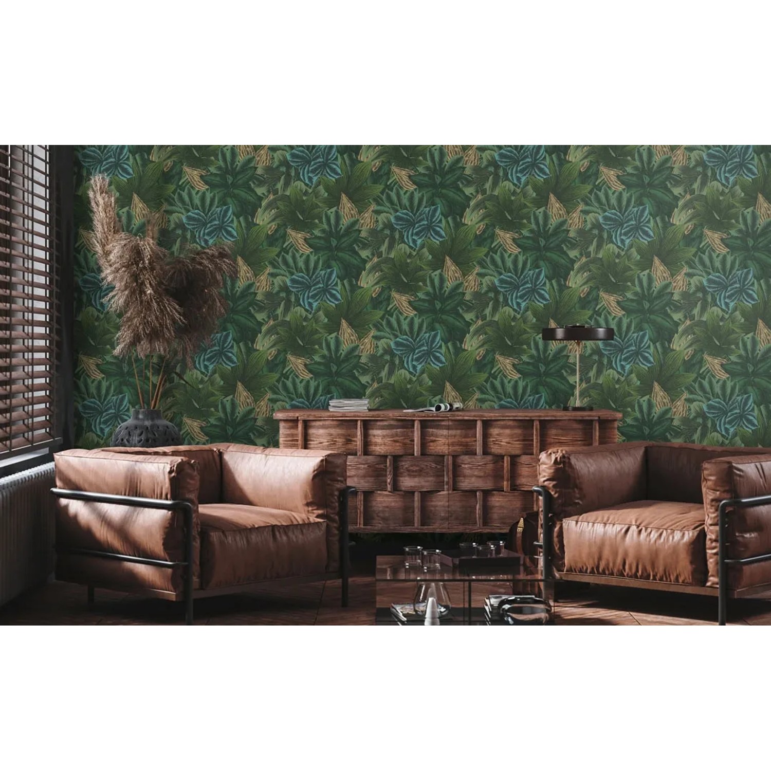 Wohnraum mit AS-Creation Vliestapete Dschungel Floral in Grün und Gelb.