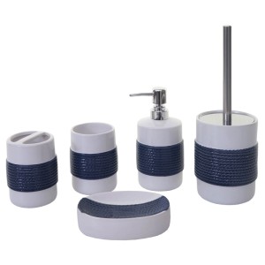 MCW Badset C73, 5-teilig, blau/weiß: Toilettenbürste, Seifenspender, Zahnputzbecher, Zahnbürstenhalter und Seifenschale.