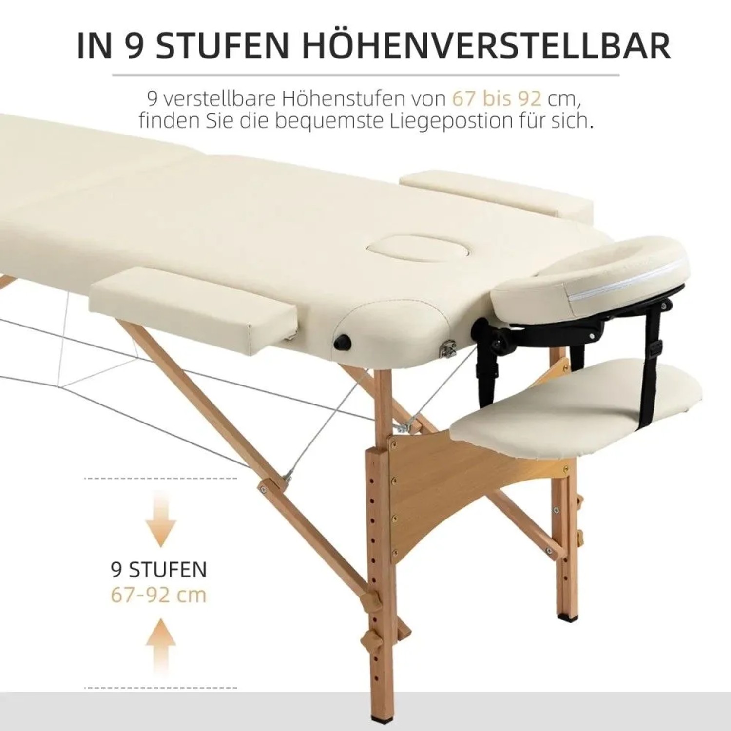Cremeweißer HOMCOM Massagetisch aus Buchenholz, höhenverstellbar 61-87 cm, mit Kunstlederbezug. Faltbar.
