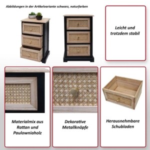 MCW Kommode K87 naturfarben, mit drei Schubladen aus Rattan und Metallknöpfen.