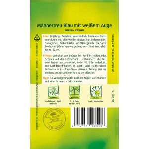 Quedlinburger Männertreu Blumensamen, blau mit weißem Auge. Einjährige Sommerblume für Beet, Balkon und Garten.