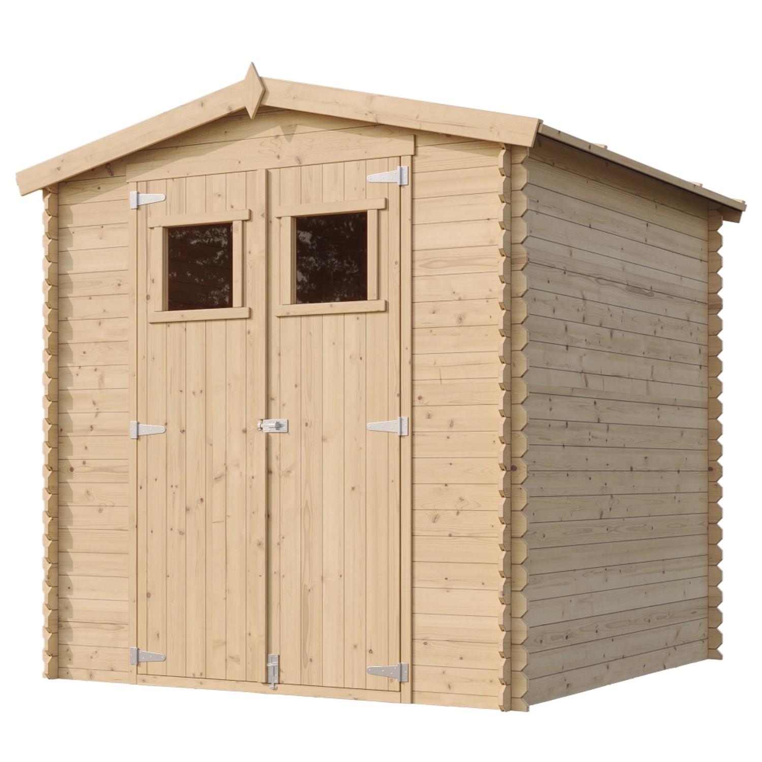 Timbela Holz-Gartenhaus M343, beige-braunes Gerätehaus mit Doppeltür und Fenster.