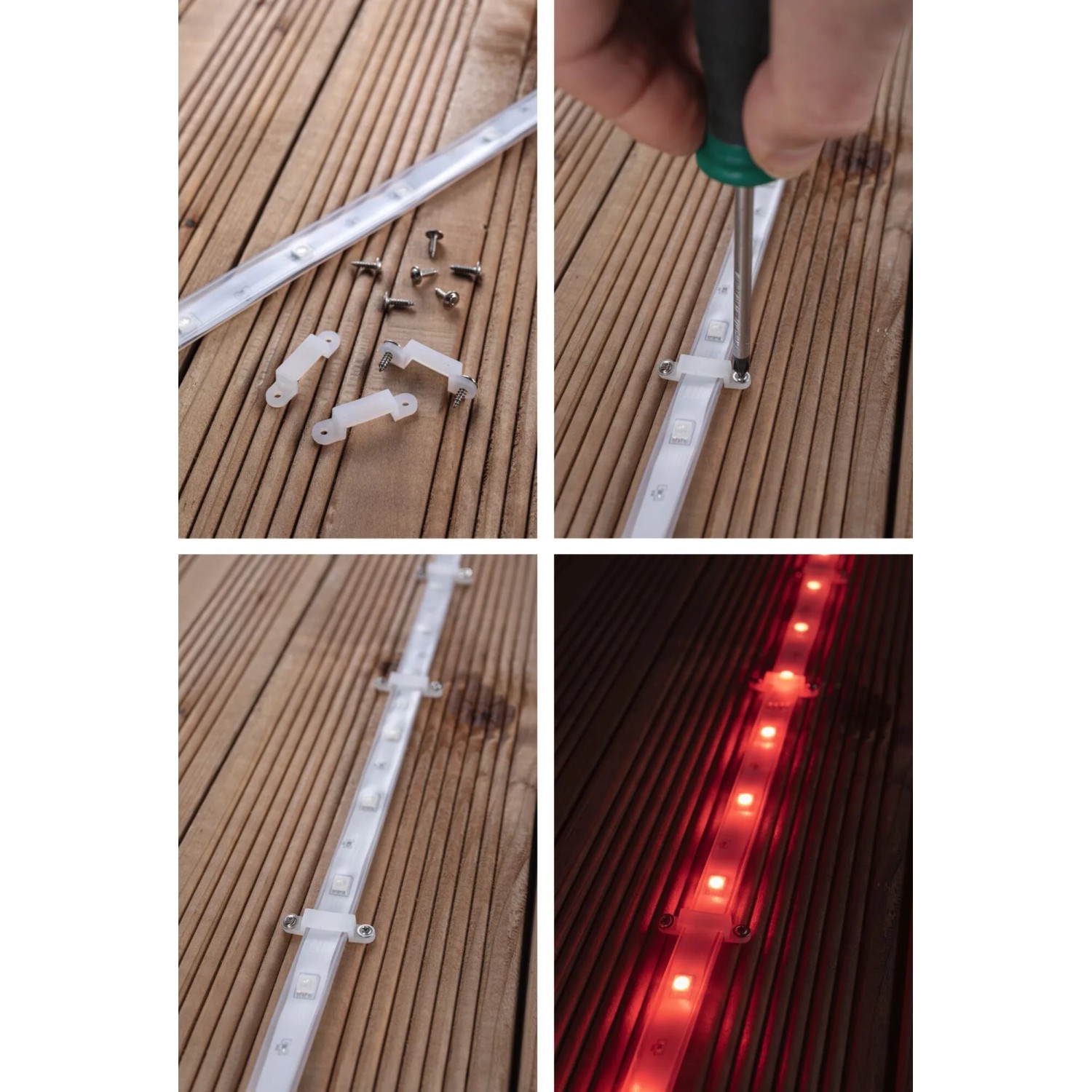 Paulmann SimpLED RGB LED-Streifen 3m, Montage und rote Beleuchtung auf Holzterrasse.