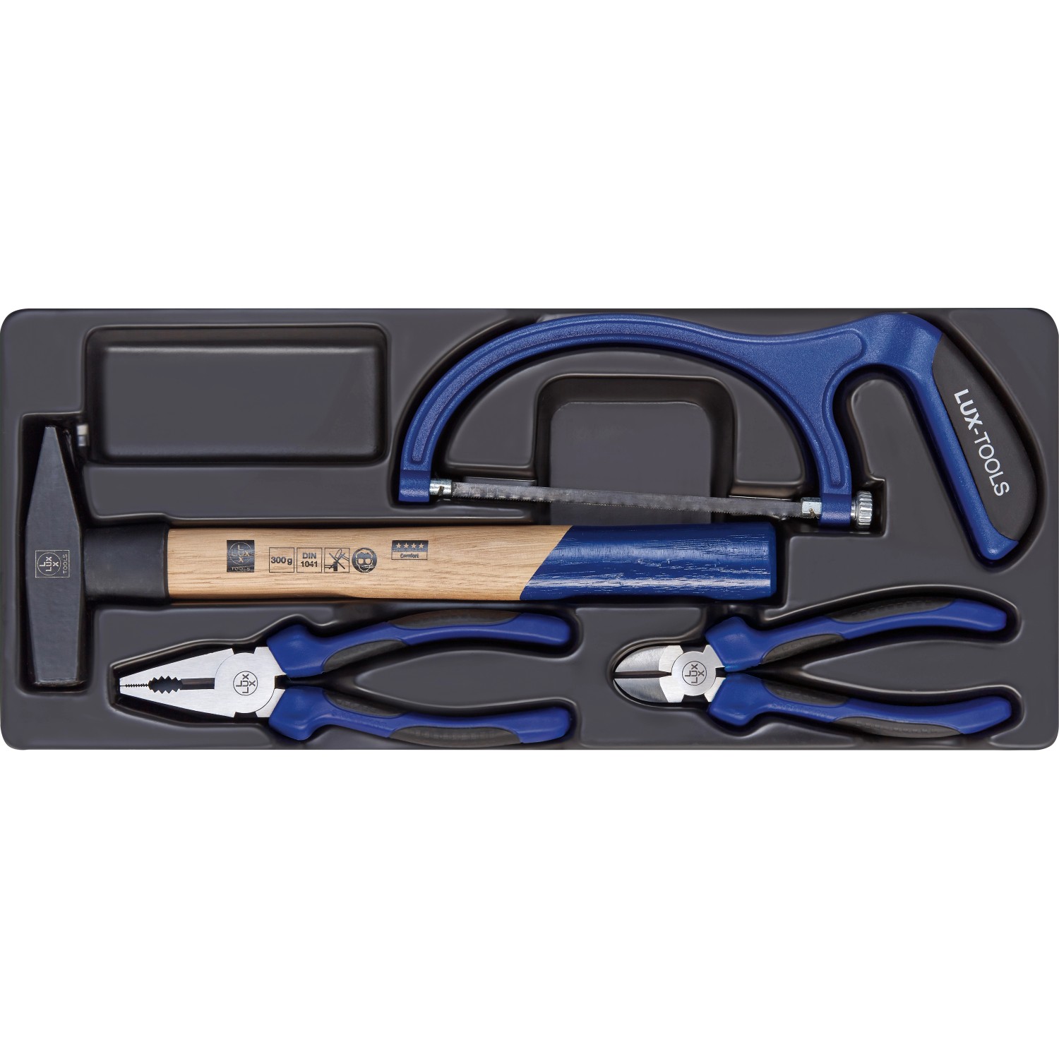 Werkzeugkoffer Comfort von LUX, 5-teiliges Set mit Hammer, Säge und Zangen im schwarzen Koffer.