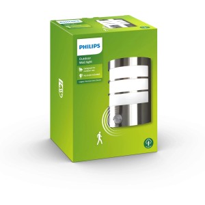 Verpackung der Philips IR Wandleuchte Calgary aus Edelstahl, ohne Leuchtmittel. Außenleuchte mit Bewegungssensor.