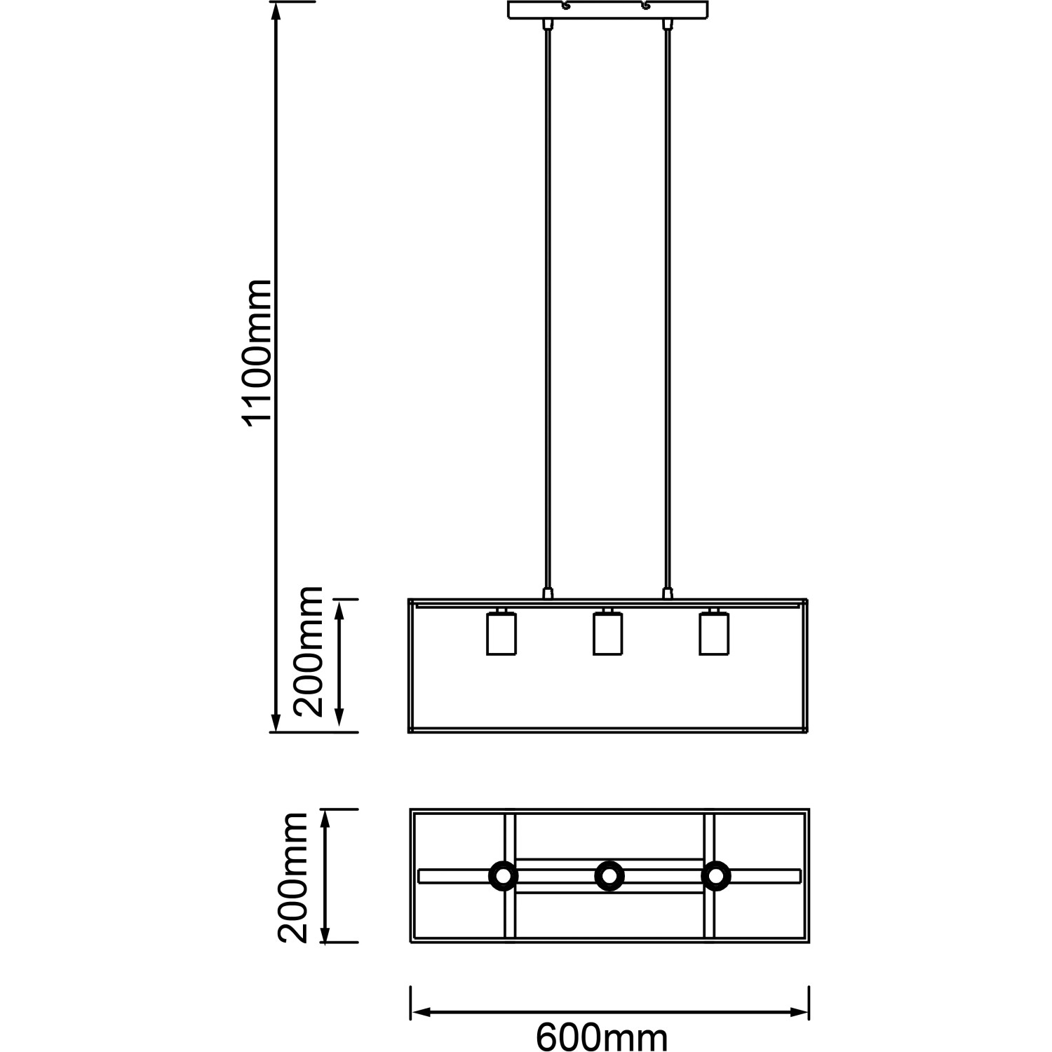 Skizze der 3-flammigen Pendelleuchte Arica in Schwarz und Holzoptik mit Maßangaben.