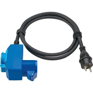 Schwarzblaues Caravan Verlängerungskabel 1,5m mit CEE Stecker und Kupplung, IP44 spritzwassergeschützt.