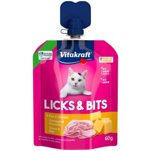 Vitakraft Licks & Bits Katzensnack mit Käse und Schinken, 60g Packung.