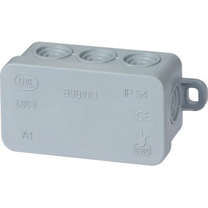 Grauer Abzweigkasten Aufputz, 75x45mm, IP54, mit 4 Anschlussmöglichkeiten für Innen- und Außenbereich.