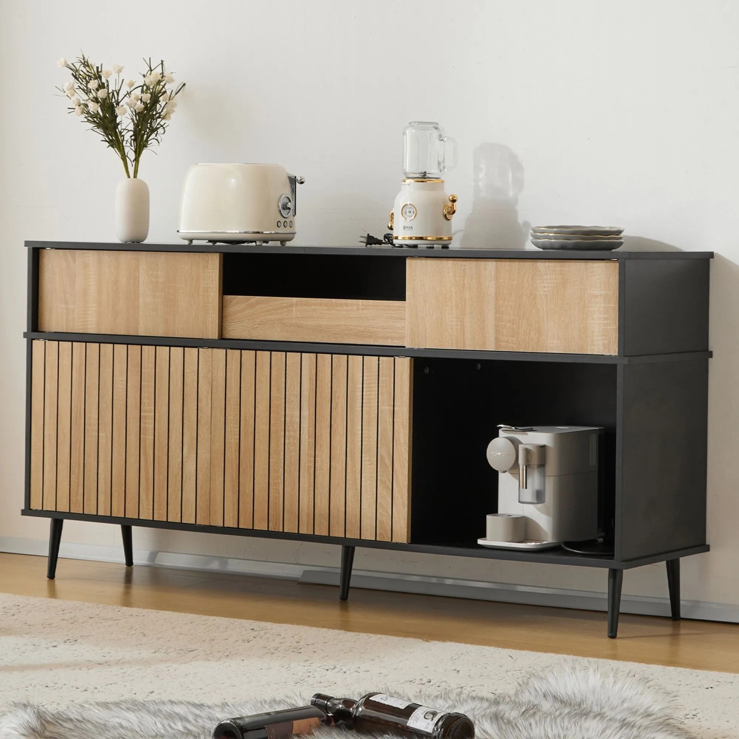 okwish Kommode mit Schiebetüren Schublade Wohnzimmer 160x40x80cm Eiche Schwarz_3