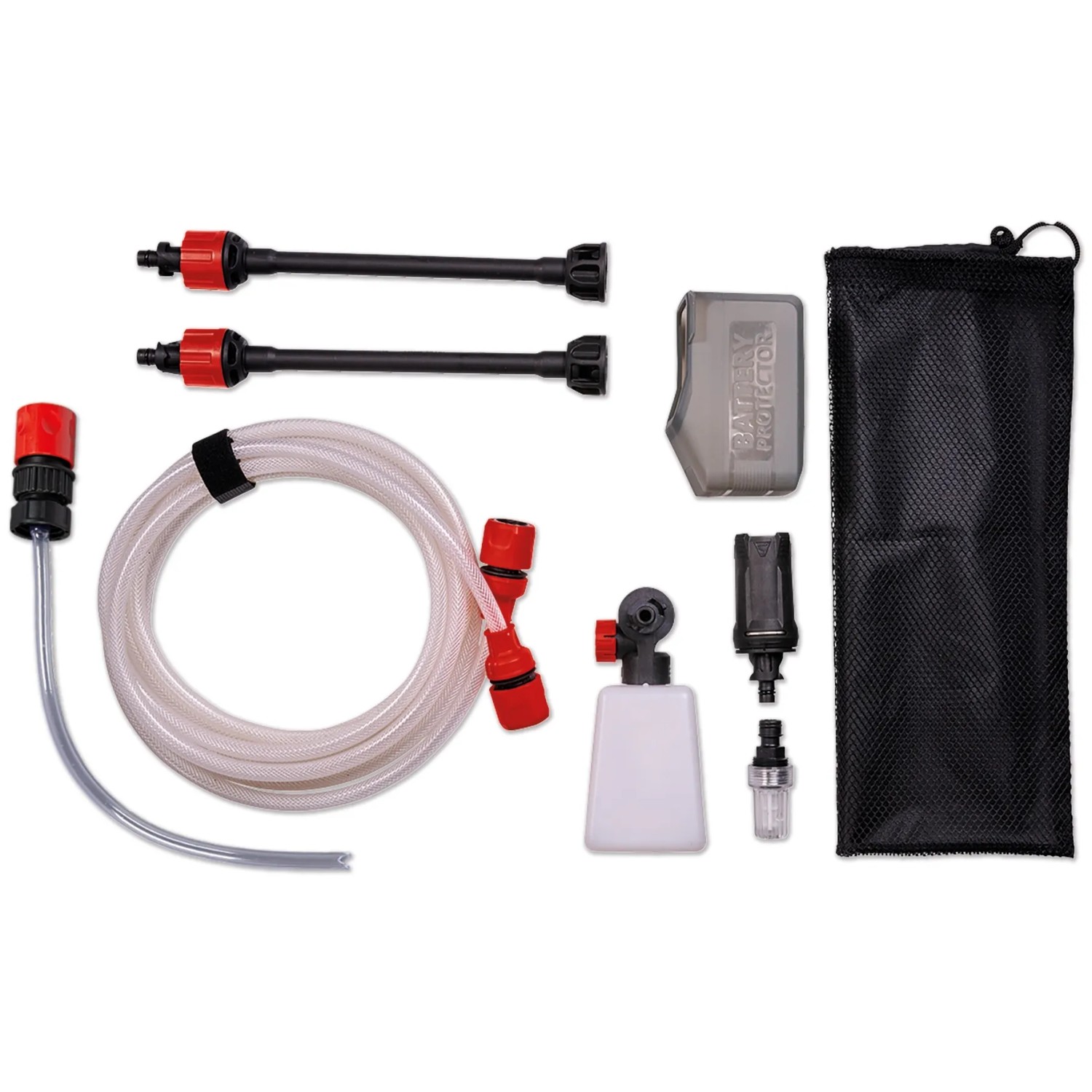 Zubehör-Set für Einhell Akku-Druckreiniger Hypresso 18/24-1: Düsen, Schlauch, Akku-Schutz, Reinigungszubehör.