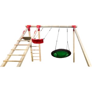 Tabaluga Doppelschaukel mit Podest, Nestschaukel und Schaukelbrett aus Holz und rotem Metall.