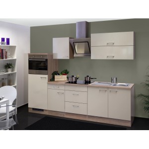 Moderne OBI Küchenzeile Orlando in Kaschmir Glanz und Sonoma Eiche Optik mit E-Geräten.