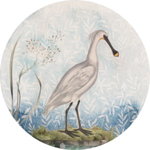 Runde Vliesfototapete mit einem Löffler Vogel vor blauem Blätter-Hintergrund.