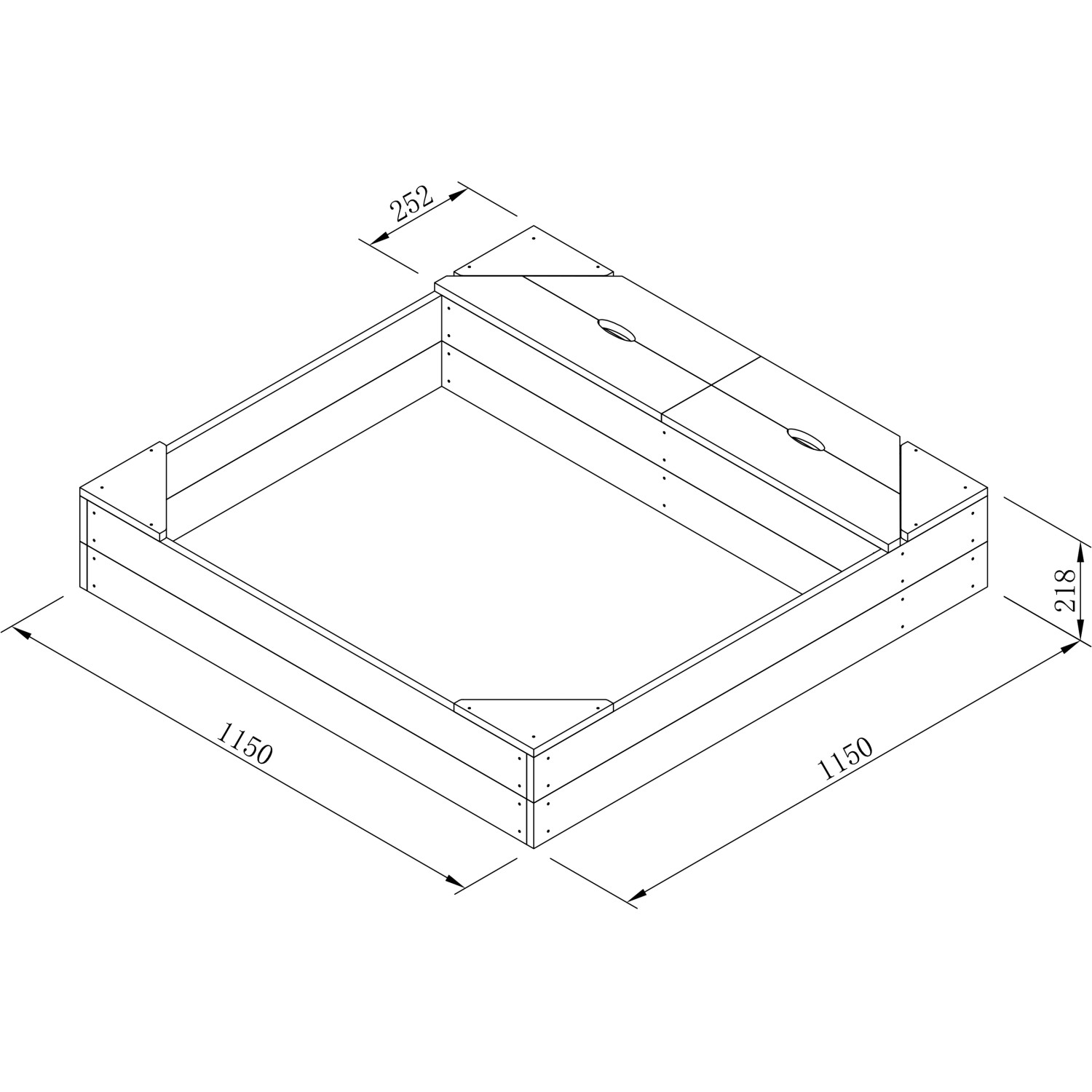 Axi Sandbox Amy, 115x115 cm, aus FSC®-Holz mit Stauraum, technische Zeichnung.