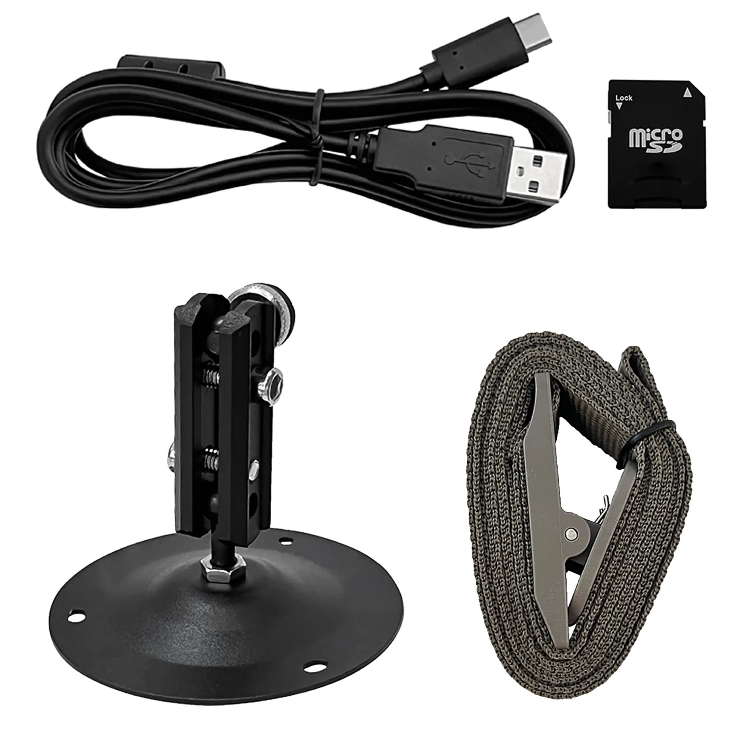Zubehör für Bresser Wild-Beobachtungskamera: Halterung, Gurt, USB-Kabel und SD-Karte.