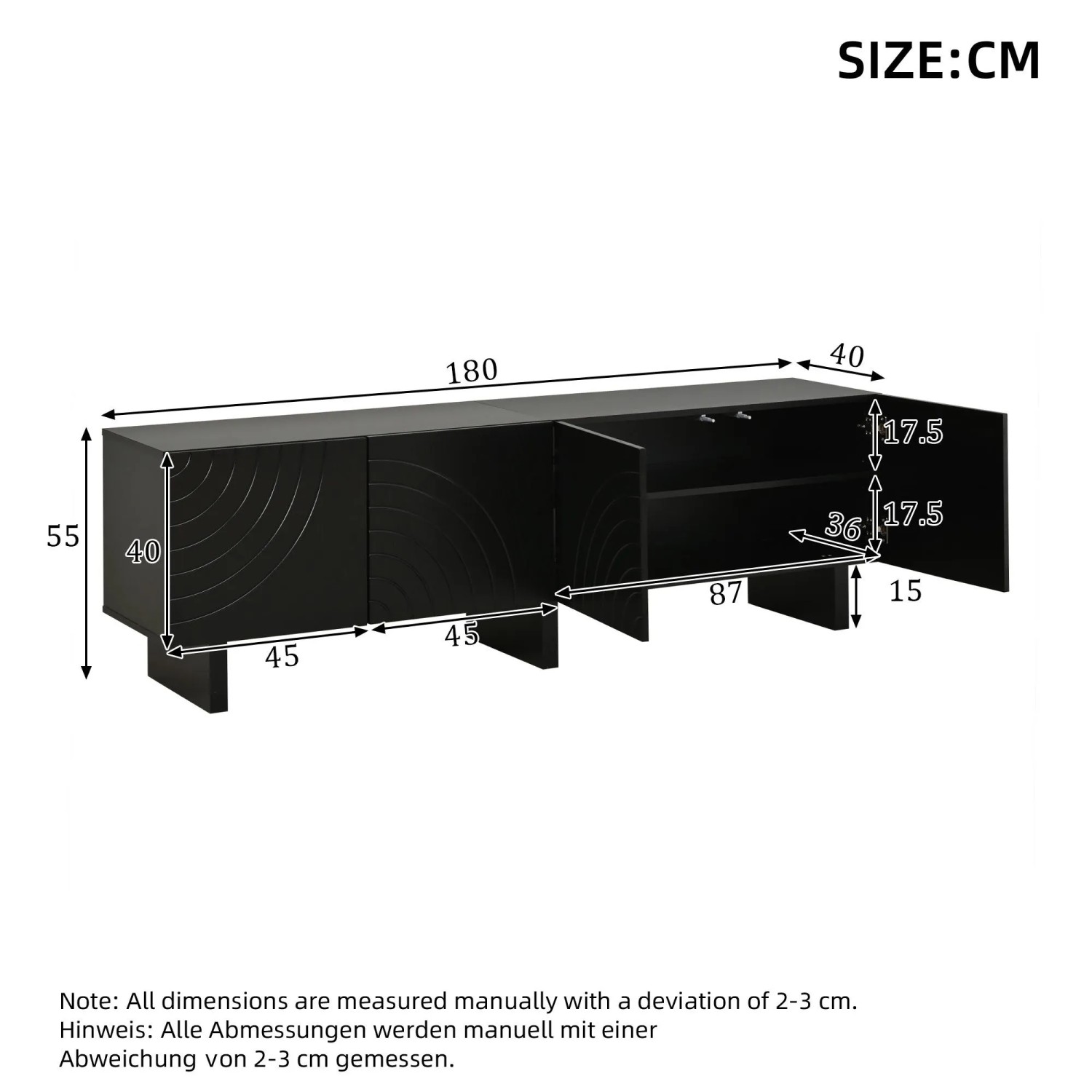 okwish TV-Bank Mit Struktur 4 Türen Wohnzimmer 180x40x55cm Schwarz_5