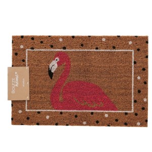 Fußmatte Flamingo aus Kokos mit pinkem Flamingo-Motiv und Punkten, 60x40 cm. Ideal für den Flur.