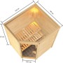 Woodfeeling Sauna Antonia mit Ofen, Eckeinstieg und Glastür. Massivholzsauna mit zwei Bänken.